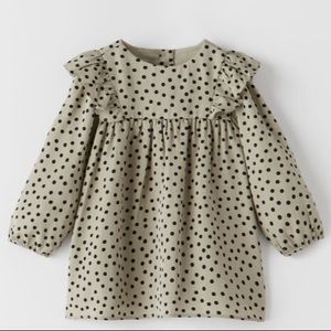Zara girls taupe olive polka dot dress ruffle long sleeve size 18-24